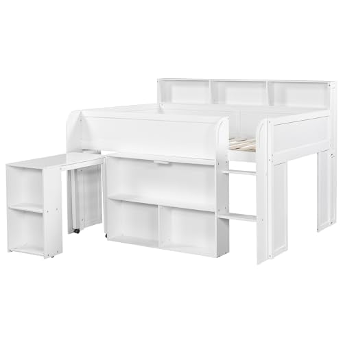 Merax Low Loft Bed with Pull-Out Desk, Full Size Loft Bed with 8 Storage Shelves and Lights, Wooden Kids Loft Bed with Safety Guardrail, Under-Bed Play Space, No Box Spring Needed, Noise-Free, White Merax