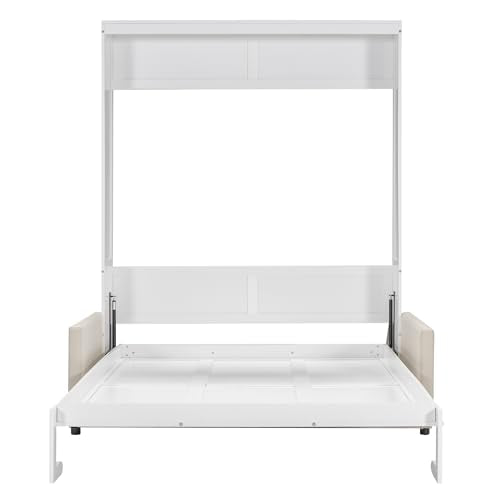 Merax Murphy Bed Queen with Couch, Queen Size Adult Murphy Wall Hidden Bed with Sofa, No Box Spring Needed, White Merax