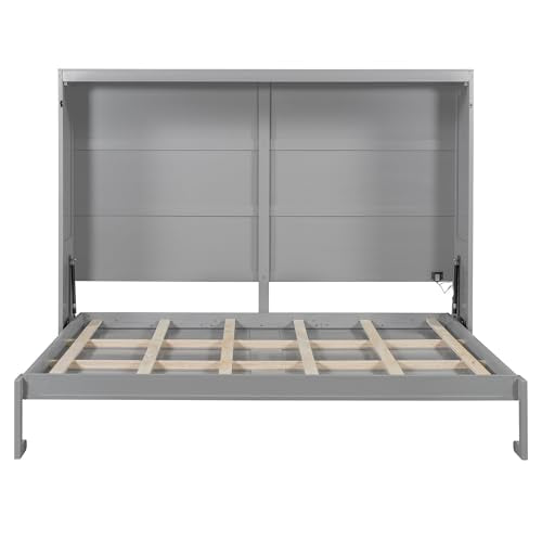 FUvellamo Queen Size Murphy Bed with LED Lights, Wood Space-Saving Hidden Folding Bed Chest, Wall Bed Frame for Small Space, Gray FUvellamo