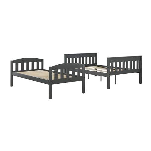 DHP Airlie Convertible Wood Bunk Bed Twin Over Full Size, Stackable and Detachable Bed Frames for Kids, Teens, Angled Ladder, High Guardrail, Wood Slats, No Boxspring Required, Grey DHP