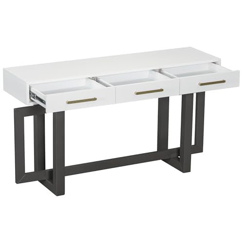 Knocbel Long Console Table with 3 Drawers and Handles, Minimalist Entryway Sofa Tables with Cross Sled Base for Living Room Hallway, 15.7" D x 57" W x 30.6" H Gray and Whitetop Knocbel