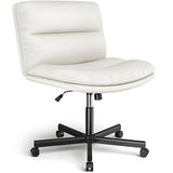 Rfiver Ergonomic Armless Criss Cross Chair with Height Adjustable and Swivel, Wide & Thickened Cushion Cross Legged Vanity Chair, Comfortable PU Leather Desk Chair for Computer Task and Make Up, White Rfiver