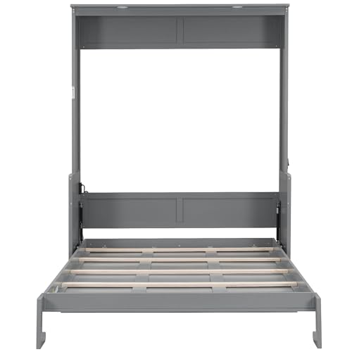 LUMISOL Queen Size Murphy Bed with Desk, LED Lights and USB Charging Station, Solid Wood Wall Bed Cabinet with Storage, Queen Foldable Wall Bed Frame with Desk for Guest Room Office, Gray LUMISOL