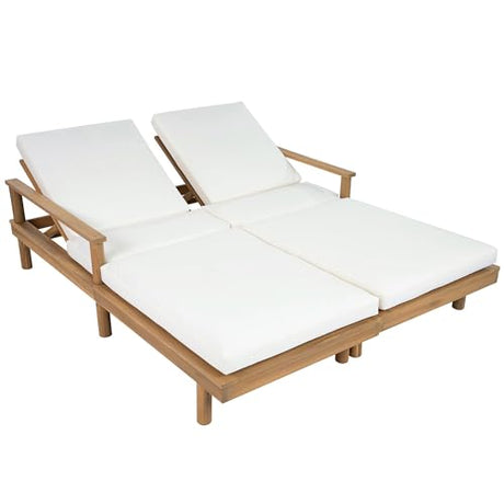 Acacia Wood Outdoor Double Chaise Lounge with 5-Position Adjustable Backrest and Armrest, All Weather Patio Recliner Chair Set of 2 with Cushions and Round Legs for Poolside Garden (Teak-4.3) XD Designs