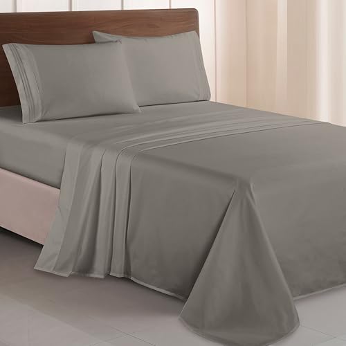 Elegant Comfort Luxurious 1500 Premium Hotel Quality Microfiber Three Line Embroidered Softest 4-Piece Bed Sheet Set, Wrinkle and Fade Resistant, Twin/Twin XL, Gray Elegant Comfort