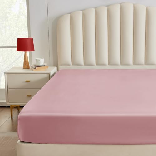 CozyLux Satin Fitted Sheet Twin Size, Pink Silky Satin Bed Fitted Sheet Only with Silky Microfiber, Deep Pocket, Single Bottom Sheet Sold Separately, Breathable, Smooth and Soft CozyLux