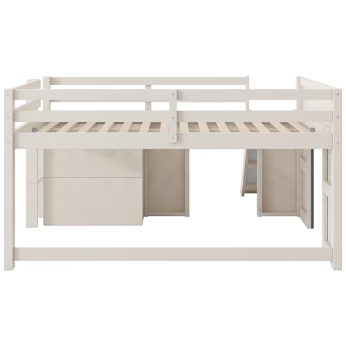 Quarte Full Size Kids Low Loft Bed with Slide,Three Storage Drawers and Two Doors,Solid Wood & MDF Construction, No Box Spring Needed Quarte