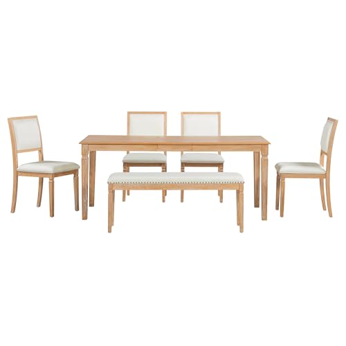 Hlcodca 6-Piece Extendable Dining Table Set with 4 Chairs & Bench, 59 to 72-Inch Rustic Farmhouse Kitchen Table Set with Distressed Finish and Retro Carved Legs (Beige+Natural Wood Wash) Hlcodca