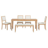 Hlcodca 6-Piece Extendable Dining Table Set with 4 Chairs & Bench, 59 to 72-Inch Rustic Farmhouse Kitchen Table Set with Distressed Finish and Retro Carved Legs (Beige+Natural Wood Wash) Hlcodca