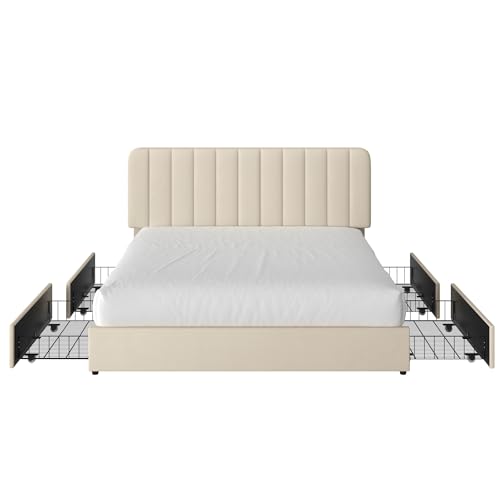VECELO King Size Upholstered Bed Frame with 4 Drawers and Headboard, Velvet Platform Storage Bedframe, Wooden Slats Support, No Box Spring Needed,Bone Beige VECELO