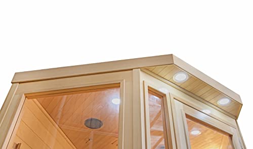 Heat Wave 3 Person Sauna Corner Fitting Infrared FIR FAR 7 Carbon Heaters Hemlock Wood MP3 Player 2 Speakers Color Therapy Light LED Control Panel Heat Wave