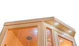Heat Wave 3 Person Sauna Corner Fitting Infrared FIR FAR 7 Carbon Heaters Hemlock Wood MP3 Player 2 Speakers Color Therapy Light LED Control Panel Heat Wave
