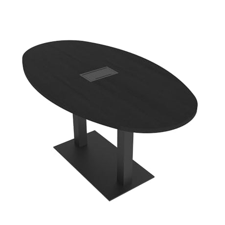 6 Person Boat Oval Shape Conference Table with Power & Data Module | Matte Black Square Metal Base | Harmony Series | Meeting Table for Offices, Training Rooms, and Homes | Black Cypress - 6 Ft SKUTCHI DESIGNS INC.