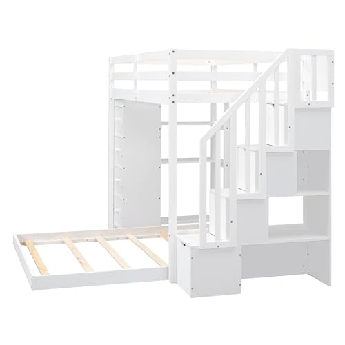 Merax Twin Over Full Bunk Bed Wood Frame with 3-Layer Shelves,4 Drawers and 3 Storage Stairs for Boys and Girls,Grey Merax