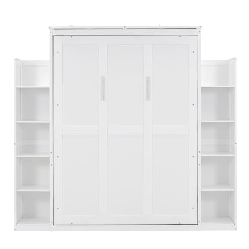 Harper & Bright Designs Full Size Murphy Bed, Wooden Full Murphy Wall Bed with Shelves and LED Lights, White Harper & Bright Designs