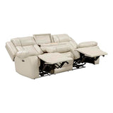 Lexicon Wall Hugger Power Double Reclining Sofa with Center Drop-Down Table, Faux Leather Home Theater Seating with LED Lighting/USB Charging Ports/Wireless Charger/Cup Holders, Magazine Pocket, Beige Lexicon