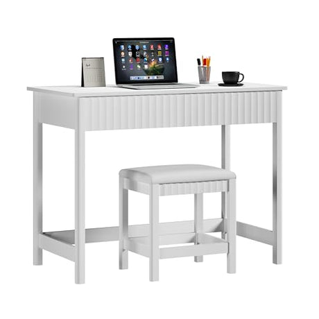 ChooChoo 40 Inch Modern Desk with Drawers, Makeup Vanity Desk with Padded Stool, Small Home Office Desk for Bedroom, White ChooChoo