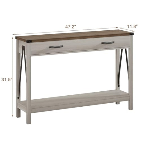 ChooChoo 47'' Farmhouse Console Table with Drawer, Entryway Table with Storage Shelf, Rustic A-Design Sofa Table for Hallway, Entrance, Living Room, White&Brown ChooChoo