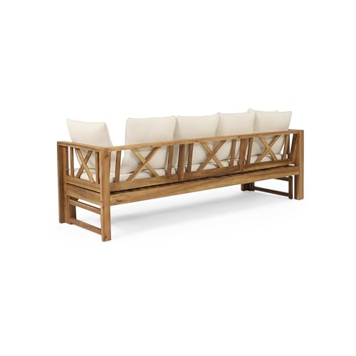 KEIKI 78.5" Outdoor Patio Sofa Bed Acacia Wood Frame Convertible Couch Daybed with Cushion & Pillow for Courtyard KEIKI