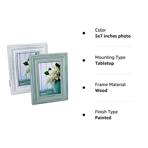 Buecasa Rustic 5x7 Inches Wooden Picture Frame Pack of 2 Vintage Cyan and White in Gift Box - Distressed Wood High Definition Glass Photo Frame Outside 7.9x9.9 Inches - 2 Way Display Tabletop - WoodArtSupply