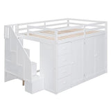 Ball & Cast Full Size Loft Bed with Storage Staircase & Safety Guardrail,Sturdy Wood Bedframe W/ 3 Cabinets & 4 Drawers,Built-in Wardrobes,Space Saving,for Boy Girl Kids Small Bedroom Dormitory,White Ball & Cast
