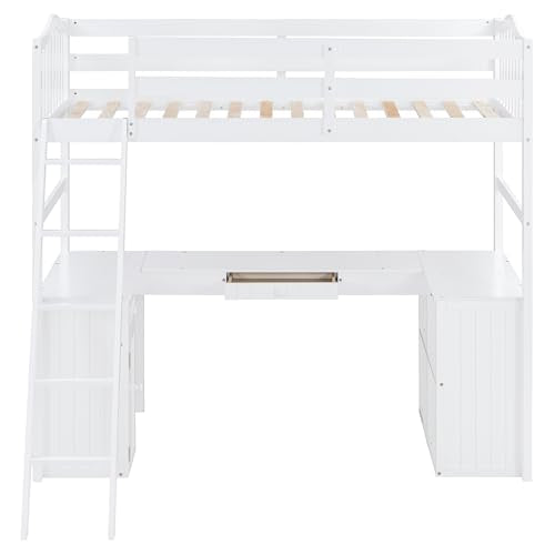 Merax Twin Size Loft Bed with Desk, Wooden Loft Bed Frame with Drawers, Cabinet, Shelves, and Desk, No Box Spring Needed, White Merax