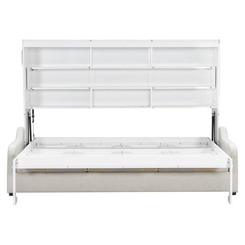 Quarte Full Size Murphy Bed with Folding Sofa & Built-in Storage Shelves, Space-Saving Wall Bed Frame with LED Lights, Safety Lock, Easy Assembly Quarte