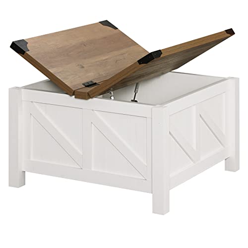 WAMPAT Modern Farmhouse Coffee Table, Square Wood Center Table with Gas Struts Lift-Top for Extra Large Hidden Storage, Metal Bracket Corner, Z-Shaped, White WAMPAT