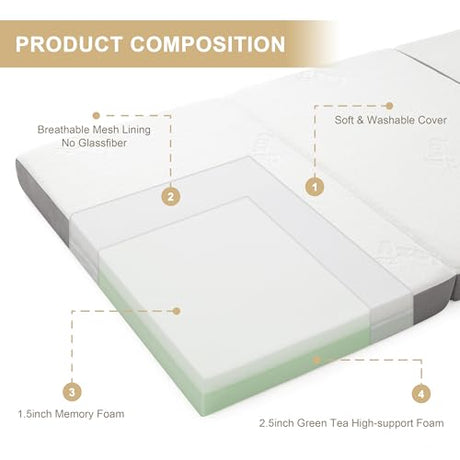 Lazyzizi Folding Mattress, 4 Inch Memory Foam Tri-fold with Breathable Bamboo Fiber Fabric Cover, Foldable Floor Mattress Guest Bed for Camping, Road Trip, Twin Lazyzizi