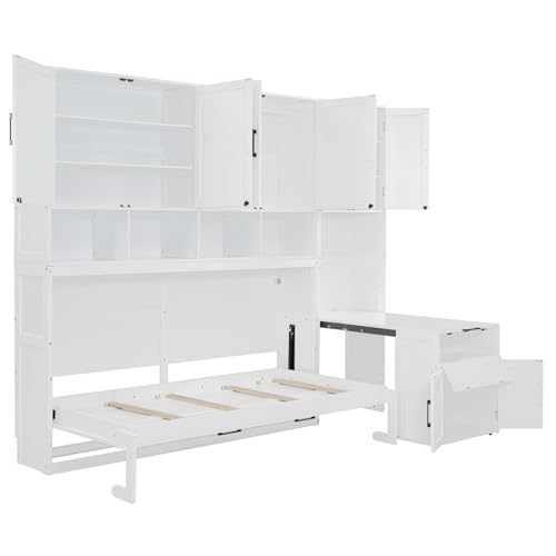 Merax 90.4"H Twin Size Murphy Bed Cabinet With Built-in Desk, Storage Closet, Drawers & Shelves, Wood Foldable Hidden Wall Platform Bedframe For Home, Bedroom, Small Room, Apartment, Reversible, White Merax