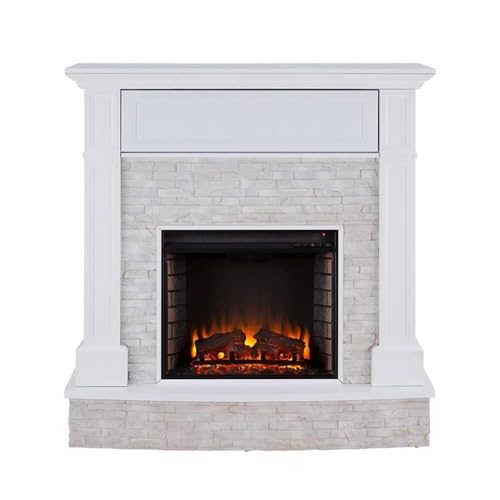 Bowery Hill Faux Stone Electric Fireplace TV Stand in White Finish BOWERY HILL