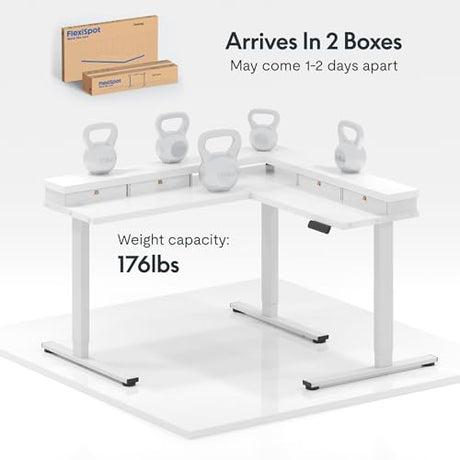 FLEXISPOT 63" L Shaped Standing Desk with Shelf Electric Corner Table, Drawers, Adjustable Computer Workstation for Home, Office,63x55in, White Top + White Frame FLEXISPOT