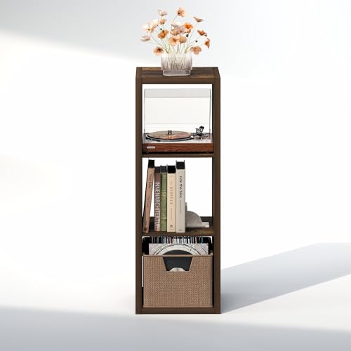 Furinno Cubicle Record Player Stand with Vinyl Storage, 3-Cube 1.2 Extra Thick Vinyl Record Storage, Open Back Media Shelf for CD DVD Blueray Game Disc, for Living Room, Home Office, Amber Pine Furinno