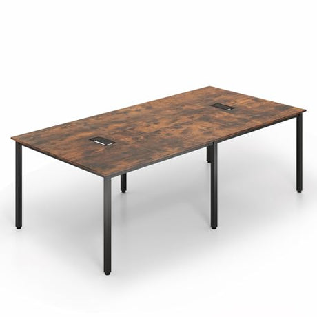 Nightcore Rectangle Conference Table for 10, 8 ft Large Seminar Table with 2 Cable Grommets, Modern Industrial Office Computer Desk with Metal Legs for Boardroom, Meeting Room, Brown Goplus