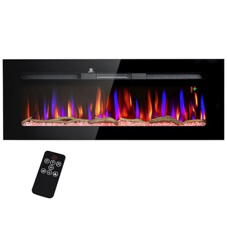HOMCOM 50" Electric Fireplace Recessed and Wall Mounted with Remote Control, 1500W Fireplace Heater with 8H Timer, Adjustable Flame Color and Brightness, Log and Crystal HOMCOM