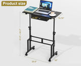 Adjustable Height Standing Desk With Drawer, Rolling Sit Stand Up Desk With Wheels, Small Sit To Stand Computer Desk, Adjustable Desktop Height, On Wheels, Black, For Walking Pad Laptop Treadmill Cidaziya