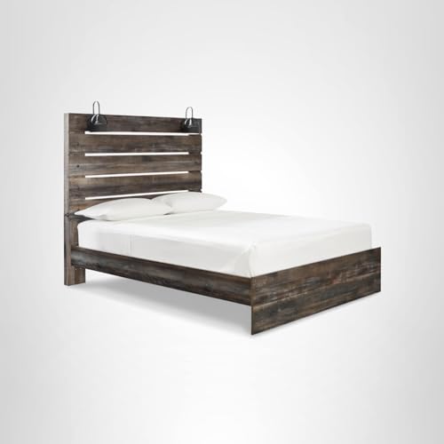 Signature Design by Ashley Drystan Rustic Queen Panel Bed, Sconce LED Lights, USB Ports and Nailheads, Foundation or Box Spring Needed, Dark Brown & Gray Signature Design by Ashley