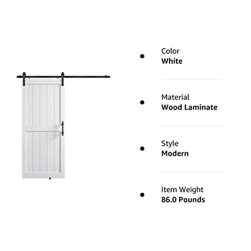 COSHOMER 36in x 84in MDF Sliding Barn Door with 6.6ft Barn Door Hardware Kit & Handle, Pre-Drilled Holes Easy Assembly -Solid Barn Door Slab Covered with Water-Proof PVC Surface, White, H-Frame COSHOMER