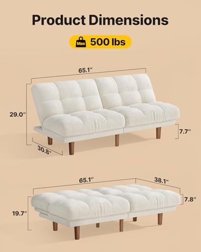 AMADA HOMEFURNISHING 65" Futon Sofa Bed, Convertible Futon Couch with Adjustable Backrest, Ergonomic Recliner Sleeper Sofa with Corduroy Fabric for Living Room, Office, Guest Room (White) AMADA HOMEFURNISHING