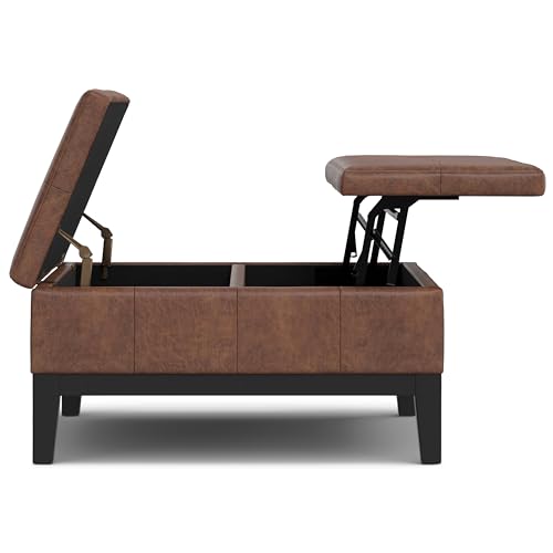 SIMPLIHOME Dover 36 inch Wide Contemporary Square Lift Top Coffee Table Storage Ottoman in Distressed Saddle Brown Vegan Faux Leather, Assembled, for The Living Room, Entryway and Family Room SIMPLIHOME