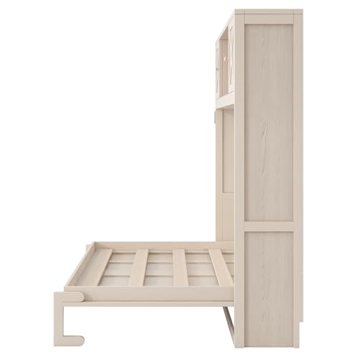 TCMILA Full Size Murphy Cabinet Bed with Storage Shelf and Cabinet Built-in Door, Folded Horizontal Murphy Hidden Bed, No Box Spring Needed, Beige TCMILA