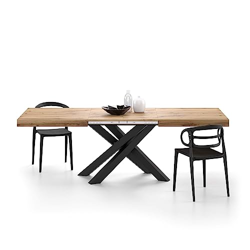 Mobili Fiver, Emma 160 Extendable Dining Table, Rustic Oak with Black Crossed Legs, Laminate-Finished/Iron, Made in Italy - WoodArtSupply