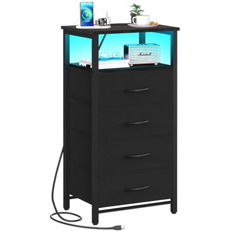 Yoobure Night Stand - LED Black Nightstand with Charging Station, Bedside Table with 4 Storage Drawers and Storage Shelf, End Table with USB Ports and Outlets, Fabric Tall Dresser for Bedroom Yoobure