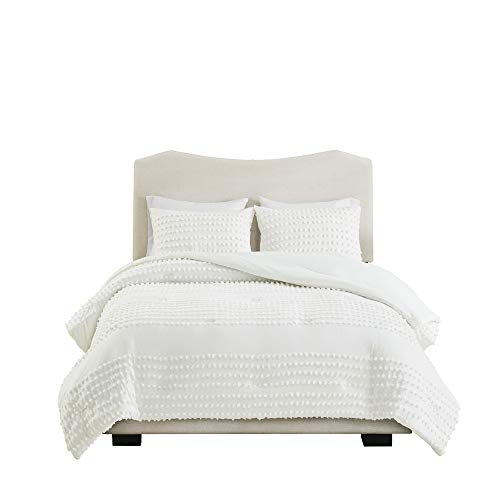 Comfort Spaces Cotton Comforter Set Jacquard Pom-Pom Tufts Design, Down Alternative, All Season Modern Bedding, Matching Shams, Full/Queen, Phillips, Ivory Comfort Spaces