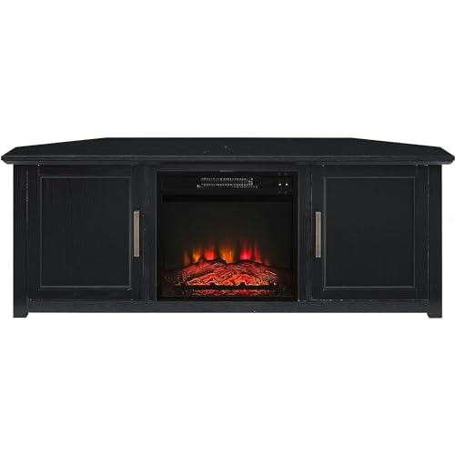 HomeStock Art Deco Dreams 58-inch Corner TV Stand with Electric Fireplace, Black - 20" D x 58" W x 22" H, Freestanding, Brass Effect Finish HomeStock