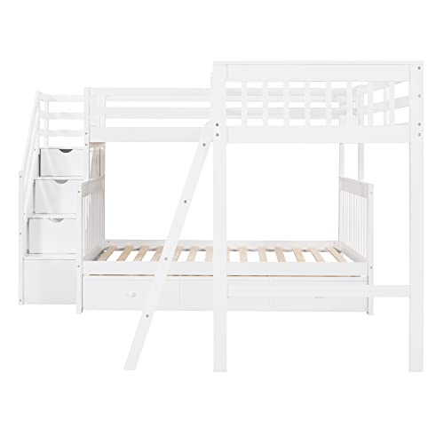 CITYLIGHT L-Shaped Bunk Bed for Kids, Solid WoodTriple Corner Bunk Bed with 3 Storage Drawers Attached a Twin Loft Bed,Bunk Beds with Stairs and Ladder for Boys Girls Teens,White CITYLIGHT