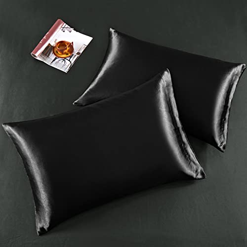 Horbaunal 4 Piece Satin Sheet Set Twin Size Luxury Silky & Soft Black Satin Twin Bed Sheet Set with 16" Deep Pocket, 1 Fitted Sheet, 1 Flat Sheet, 2 Pillowcases Horbaunal