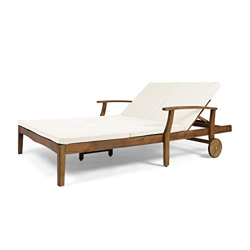 Great Deal Furniture Samantha Double Chaise Lounge for Yard and Patio, Acacia Wood Frame, Teak Finish with Cream Cushions, (307569)
