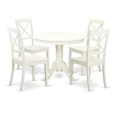 East West Furniture ANBO5-LWH-W 5 Piece Dinette Set for 4 Includes a Round Kitchen Table with Pedestal and 4 Dining Chairs, 36x36 Inch, Linen White East West Furniture