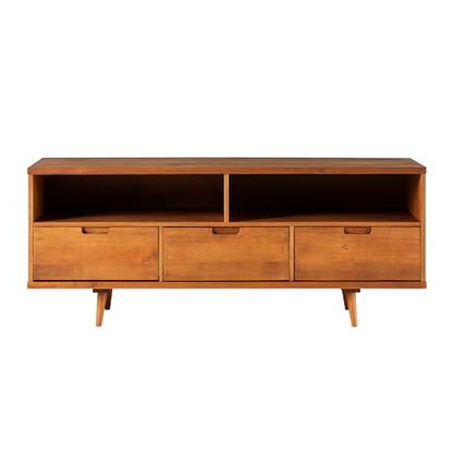 Walker Edison 3-Drawer Mid Century Modern Wood TV Stand for TV's up to 65" Flat Screen Cabinet Door Living Room Storage Entertainment Center, 58 Inch, Caramel - WoodArtSupply